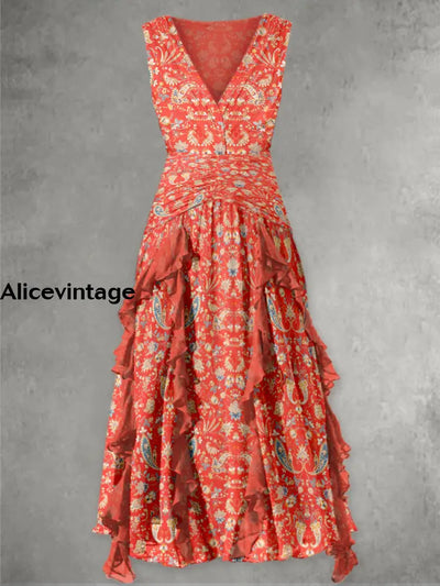 Retro Boho Floral Print V-Neck Chic Sleeveless Maxi Dress A / S