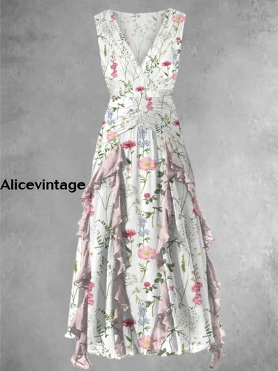 Retro Boho Floral Print V-Neck Chic Sleeveless Maxi Dress A / S