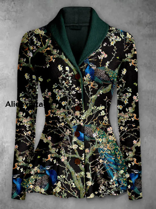 Retro Boho Floral Printed Elegant Lapel V-Neck Button Up Thick Knit Long-Sleeved Cardigan Sweater A