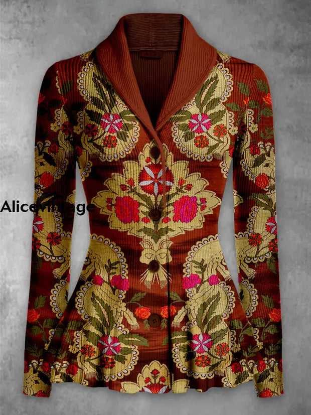 Retro Boho Floral Printed Elegant Lapel V-Neck Button Up Thick Knit Long-Sleeved Cardigan Top A / S