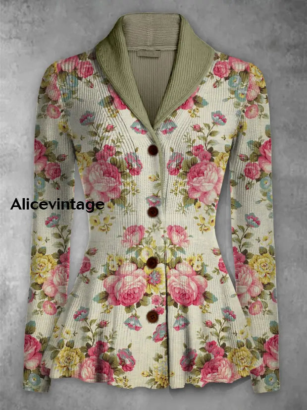 Retro Boho Floral Printed Elegant Lapel V-Neck Button Up Thick Knit Long-Sleeved Cardigan Top A / S