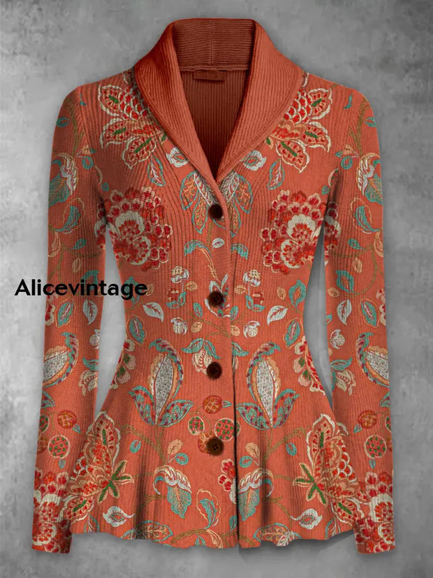 Retro Boho Floral Printed Elegant Lapel V-Neck Button Up Thick Knit Long-Sleeved Cardigan Top A / S