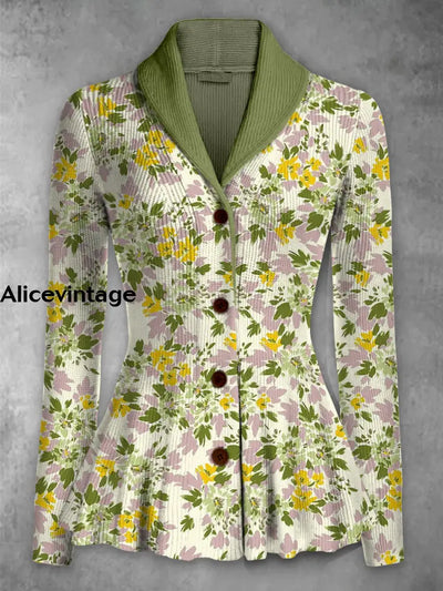 Retro Boho Floral Printed Elegant Lapel V-Neck Button Up Thick Knit Long-Sleeved Cardigan Top A / S