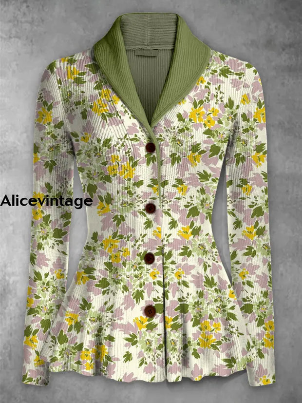 Retro Boho Floral Printed Elegant Lapel V-Neck Button Up Thick Knit Long-Sleeved Cardigan Top A / S