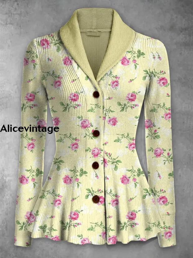 Retro Boho Floral Printed Elegant Lapel V-Neck Button Up Thick Knit Long-Sleeved Cardigan Top A / S