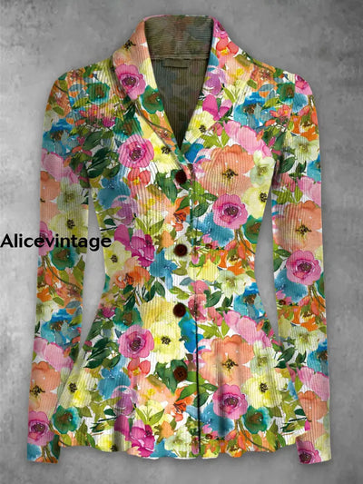 Retro Boho Floral Printed Elegant Lapel V-Neck Button Up Thick Knit Long-Sleeved Cardigan Top A / S