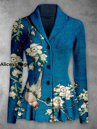 Retro Boho Floral Printed Elegant Lapel V-Neck Button Up Thick Knit Long-Sleeved Cardigan Top A / S