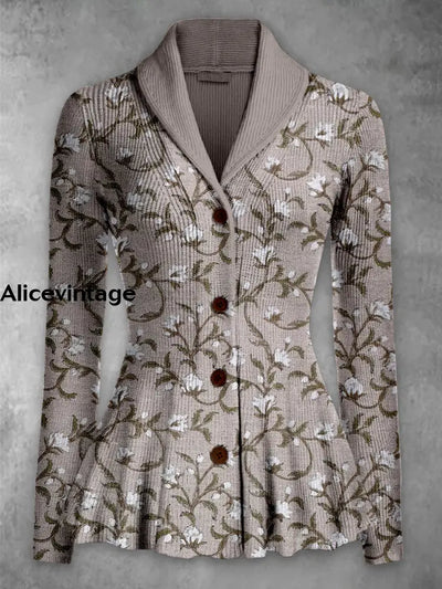 Retro Boho Floral Printed Elegant Lapel V-Neck Button Up Thick Knit Long-Sleeved Cardigan Top A / S