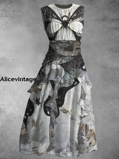 Retro Butterfly Print 50’S Elegant Chic Chiffon Sleeveless Maxi Dress A / S