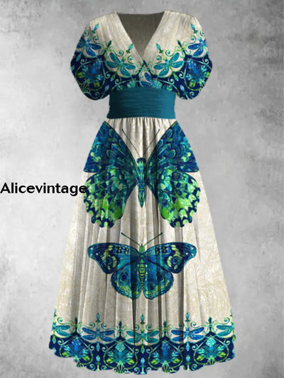 Retro Butterfly Print Elegant V-Neck Vintage Chic Short Sleeve Maxi Dress A / S