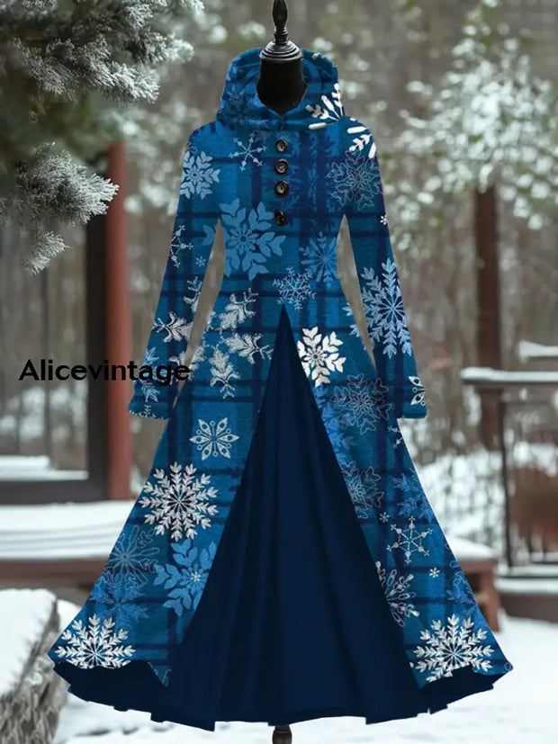 Retro Christmas Art Print Hooded Splicing Long Sleeve 50S Elegant Slim Fake Two-Piece Midi Dress A