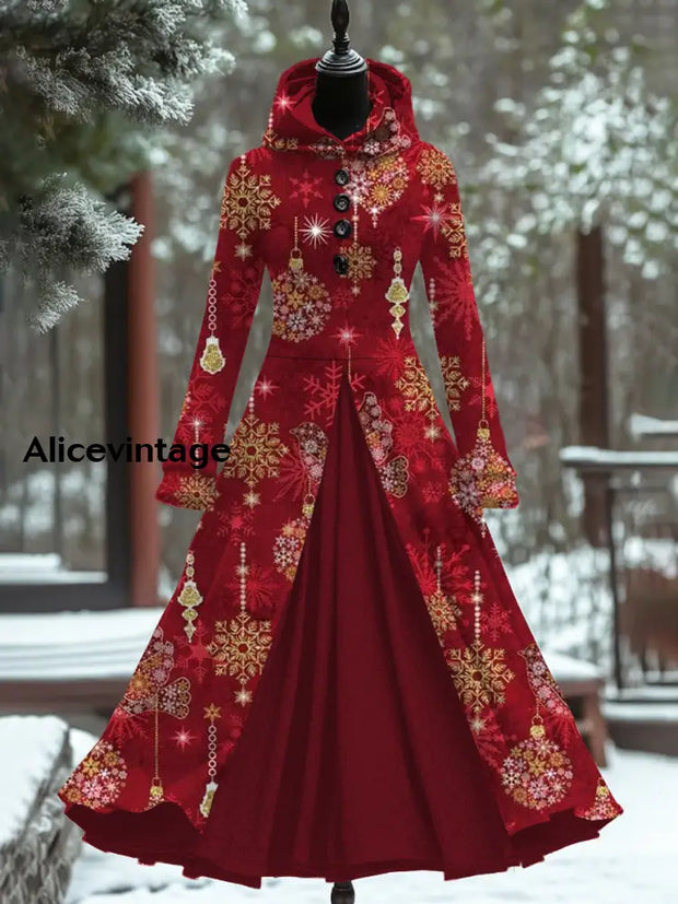 Retro Christmas Art Print Hooded Splicing Long Sleeve 50S Elegant Slim Fake Two-Piece Midi Dress A