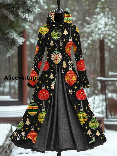 Retro Christmas Art Print Hooded Splicing Long Sleeve 50S Elegant Slim Fake Two-Piece Midi Dress A