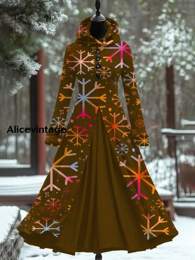 Retro Christmas Art Print Hooded Splicing Long Sleeve 50S Elegant Slim Fake Two-Piece Midi Dress A