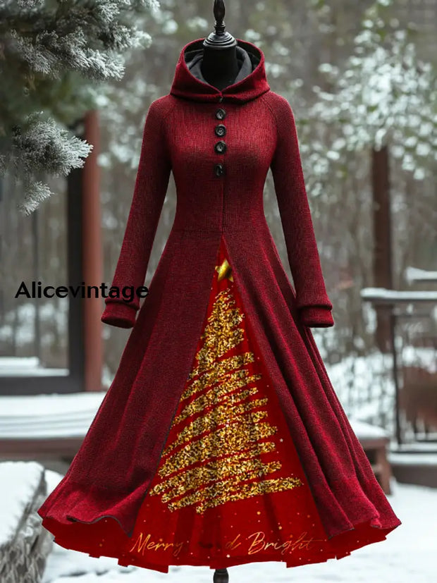 Retro Christmas Art Print Hooded Splicing Long Sleeve 50S Elegant Slim Fake Two-Piece Midi Dress A