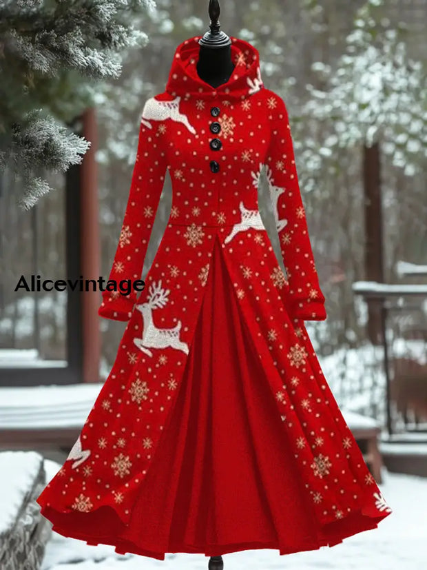 Retro Christmas Art Print Hooded Splicing Long Sleeve 50S Elegant Slim Fake Two-Piece Midi Dress A