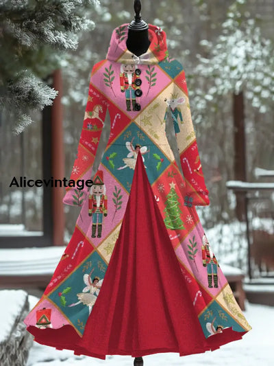 Retro Christmas Art Print Hooded Splicing Long Sleeve 50S Elegant Slim Fake Two-Piece Midi Dress A