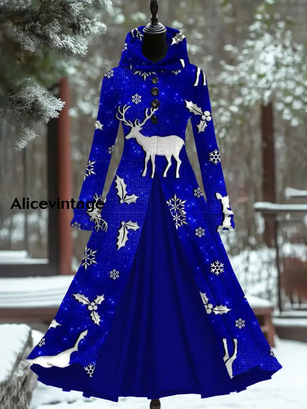 Retro Christmas Art Print Hooded Splicing Long Sleeve 50S Elegant Slim Fake Two-Piece Midi Dress A