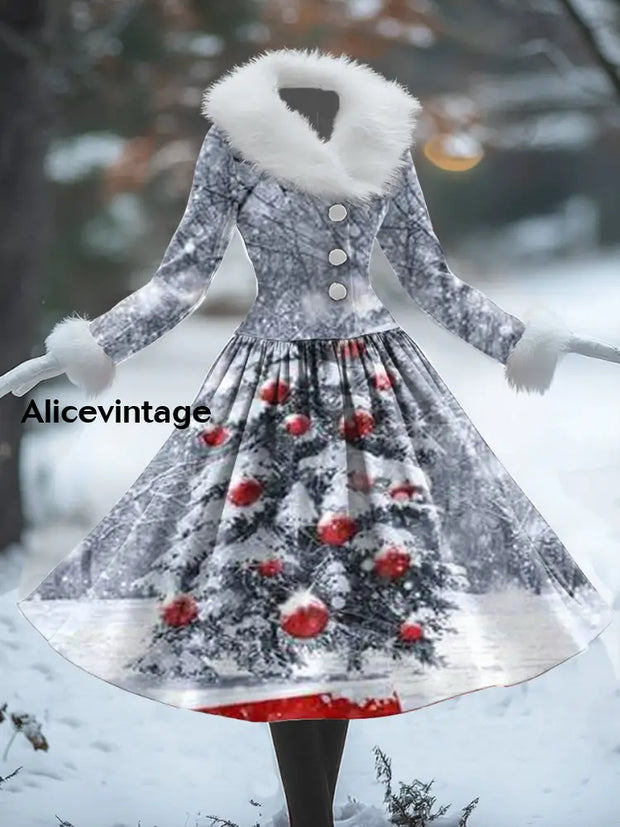 Retro Christmas Art Print Splicing Fur Collar 50S Elegant Slim Long Sleeve Fake Two-Piece Midi