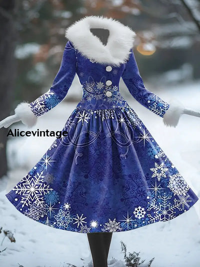 Retro Christmas Art Print Splicing Fur Collar 50S Elegant Slim Long Sleeve Fake Two-Piece Midi