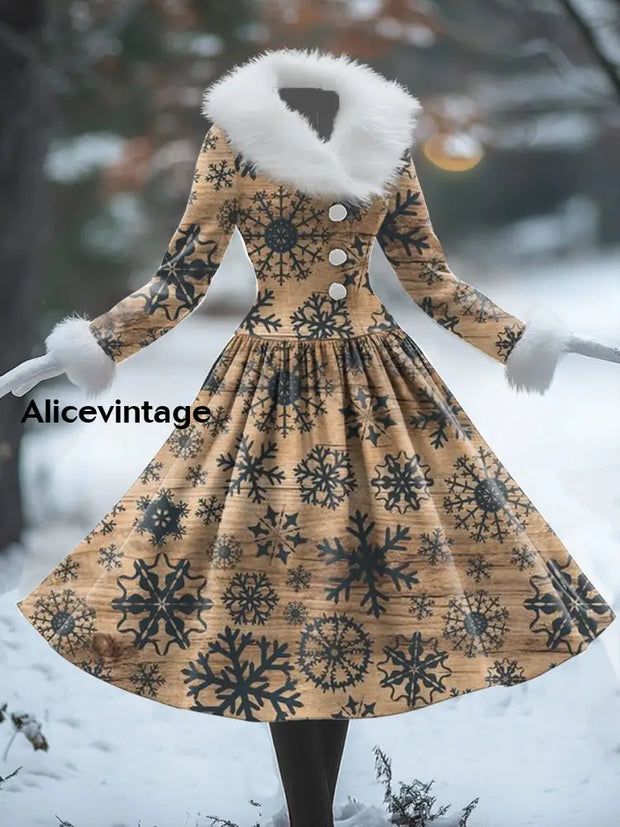 Retro Christmas Art Print Splicing Fur Collar 50S Elegant Slim Long Sleeve Fake Two-Piece Midi