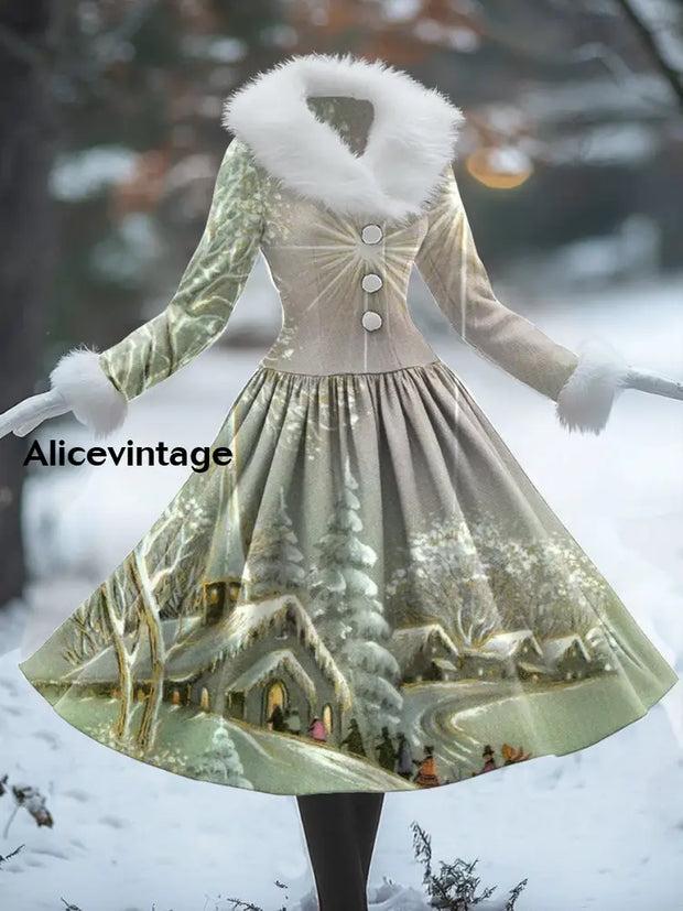 Retro Christmas Art Print Splicing Fur Collar 50S Elegant Slim Long Sleeve Fake Two-Piece Midi