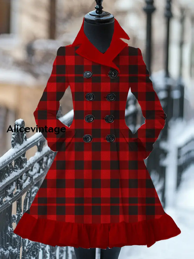 Retro Christmas Art Print Stand-Up Collar Splicing Long Sleeve 50S Elegant Slim Button Coat Dress A