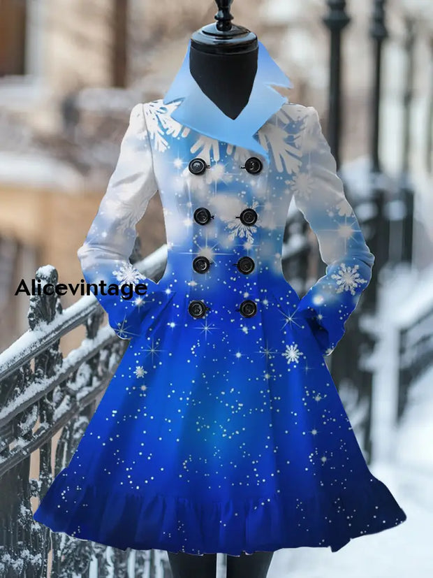 Retro Christmas Art Print Stand-Up Collar Splicing Long Sleeve 50S Elegant Slim Button Coat Dress A