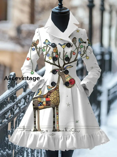 Retro Christmas Art Print Stand-Up Collar Splicing Long Sleeve 50S Elegant Slim Button Coat Dress A