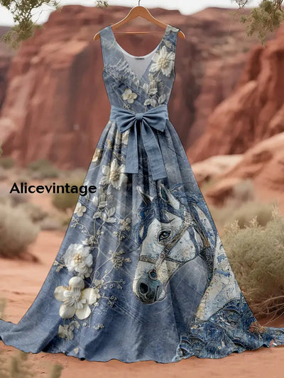 Retro Denim Horse Floral Art Print V-Neck Sleeveless Cotton Maxi Dress