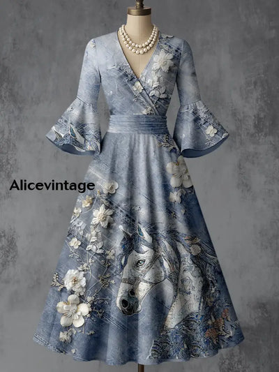 Retro Denim Horse Floral Art Printed V-Neck Vintage Chic Pleated Waist Flare Sleeve Midi Dress A / S
