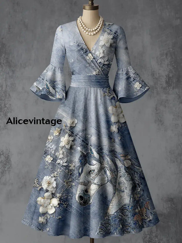 Retro Denim Horse Floral Art Printed V-Neck Vintage Chic Pleated Waist Flare Sleeve Midi Dress A / S