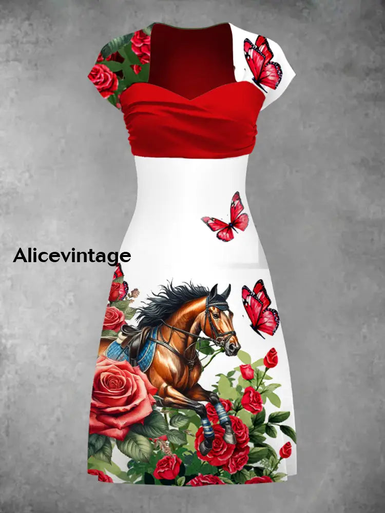 Retro Derby Day Art Print Short Sleeve Dress A / S