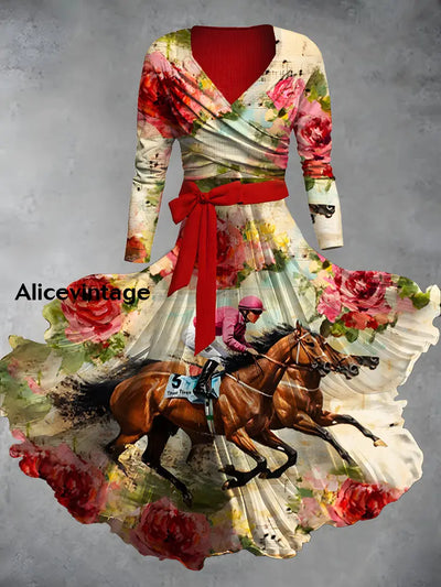 Retro Derby Day Print V-Neck Elegant Chic Midi Two-Piece Long Sleeve Dress A / S