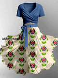 Retro Derby Horse Art Printed Vintage Cross Fold Short Sleeve Two-Piece Midi Dress A / S