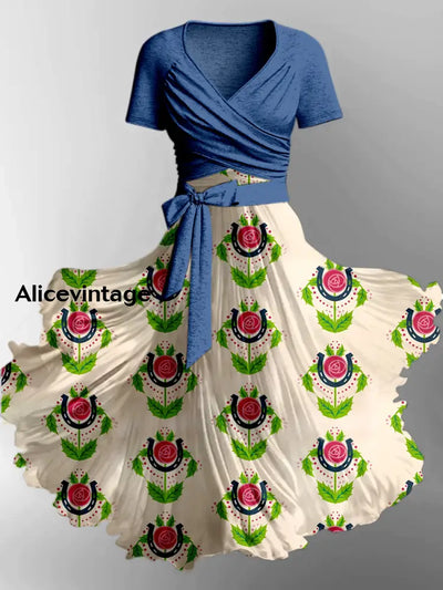 Retro Derby Horse Art Printed Vintage Cross Fold Short Sleeve Two-Piece Midi Dress A / S