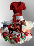 Retro Derby Horse Art Printed Vintage Cross Fold Short Sleeve Two-Piece Midi Dress A / S
