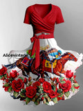Retro Derby Horse Art Printed Vintage Cross Fold Short Sleeve Two-Piece Midi Dress A / S