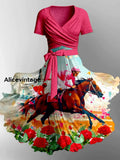 Retro Derby Horse Art Printed Vintage Cross Fold Short Sleeve Two-Piece Midi Dress A / S