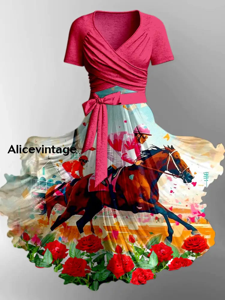 Retro Derby Horse Art Printed Vintage Cross Fold Short Sleeve Two-Piece Midi Dress A / S