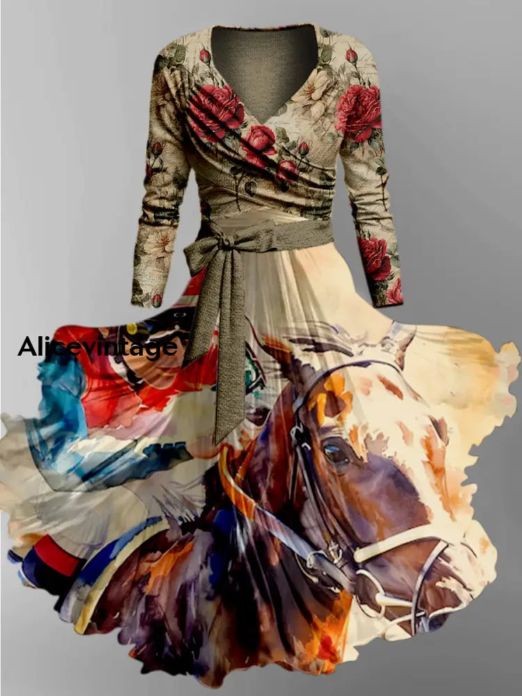 Retro Derby Horse Art Printed Vintage Unique Slim Fit Cross Wrap Long Sleeve Two-Piece Midi Dress A / S