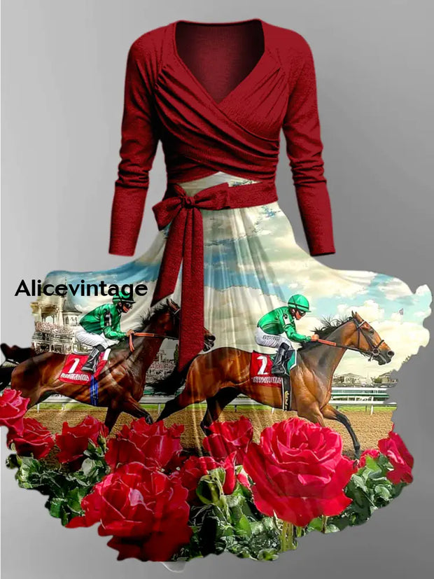 Derby Art Print Vintage V-neck Long Sleeve Two-Piece Midi Dress Derby