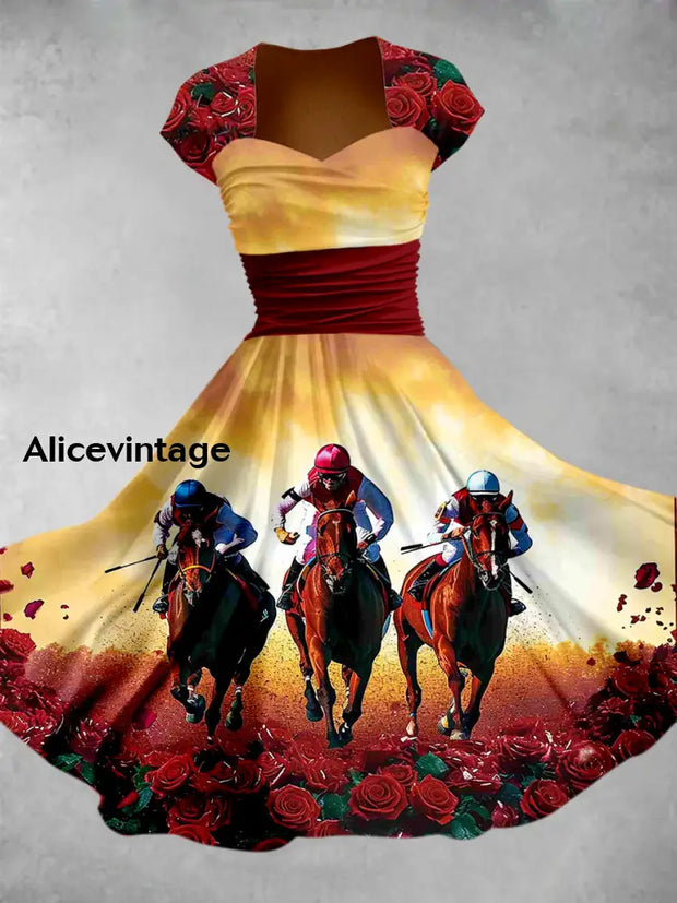 Retro Derby Horse Art Printed Vintage V-Neck Pleated Waist Short Sleeve Midi Dress A / S