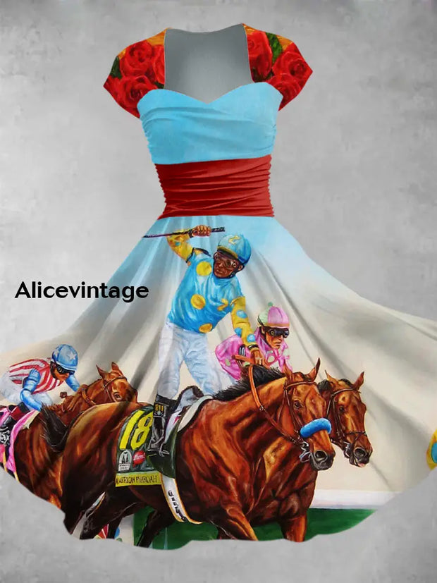 Retro Derby Horse Art Printed Vintage V-Neck Pleated Waist Short Sleeve Midi Dress A / S