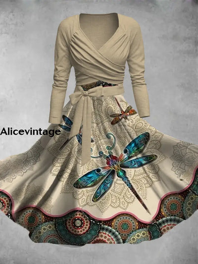 Retro Dragonfly Art Print V-Neck Long Sleeve Midi Dress