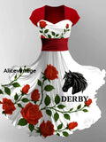Retro Dreby Horse Art Printed Vintage V-Neck Pleated Waist Short Sleeve Midi Dress A / S