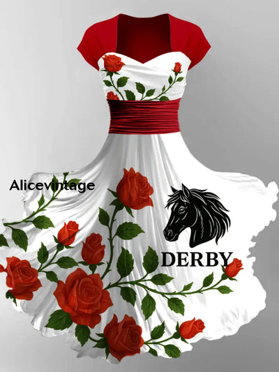 Retro Dreby Horse Art Printed Vintage V-Neck Pleated Waist Short Sleeve Midi Dress A / S