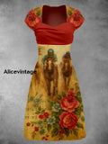 Retro Dreby Horse Art Printed Vintage V-Neck Pleated Waist Short Sleeve Midi Dress A / S