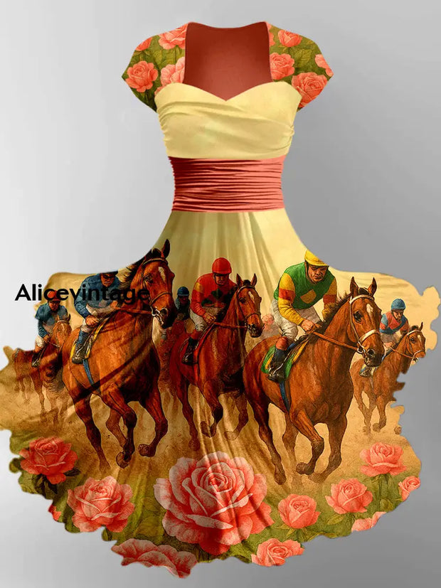 Retro Dreby Horse Art Printed Vintage V-Neck Pleated Waist Short Sleeve Midi Dress A / S