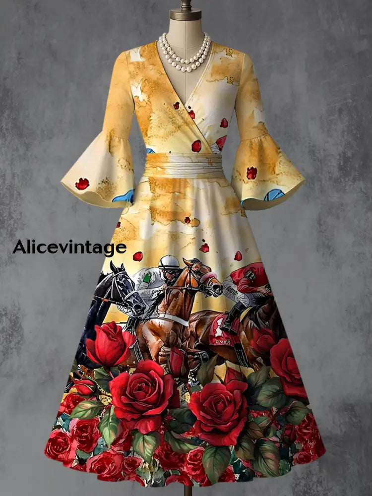 Retro Dreby Horse Floral Art Printed V-Neck Vintage Chic Pleated Waist Flare Sleeve Midi Dress A / S